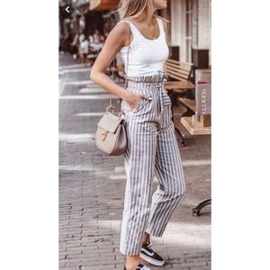 TOPSHOP Paperbag Tie Waisted Blue & White Pants